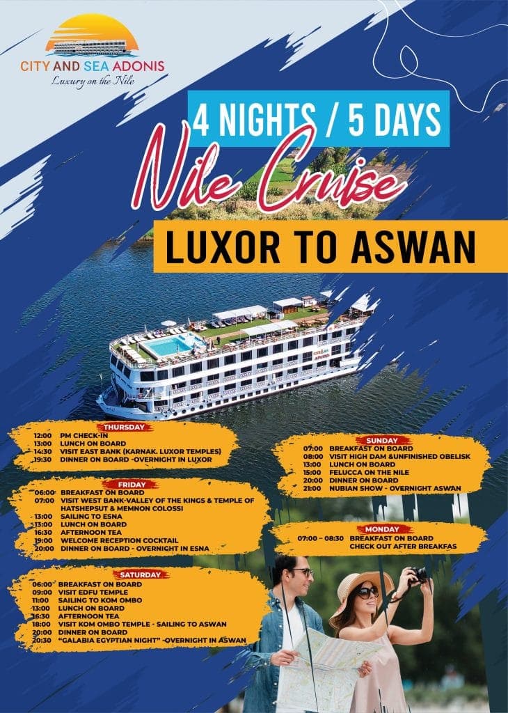 Itinerario di crociera sul Nilo da Luxor ad Assuan, 4 notti e 5 giorni, a cura di City and Sea Adonis.