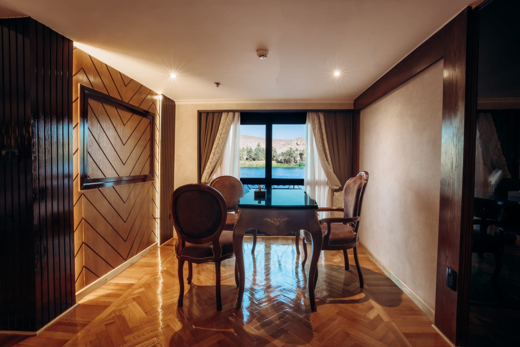 Royal Suite desk and chairs by the Nile window, M/S City and Sea Adonis